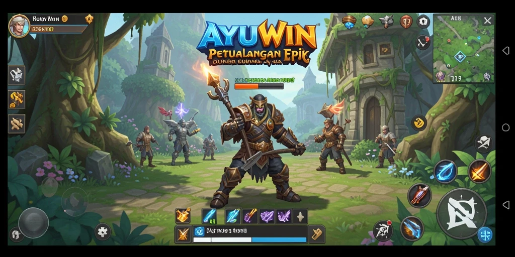 Tampilan utama gameplay AYUWIN menampilkan pertarungan RPG yang seru.