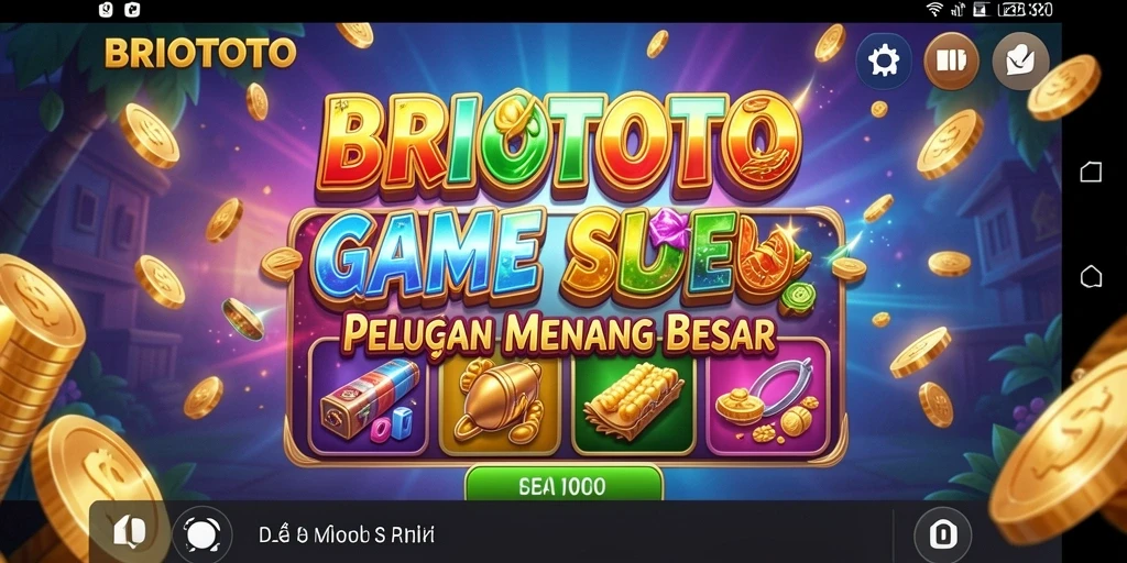 Tampilan gameplay BRIOTOTO dengan simbol slot yang berwarna-warni dan dinamis.