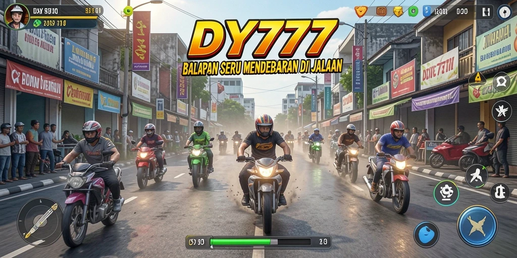 Screenshot DY777 menampilkan aksi balapan yang mendebarkan.