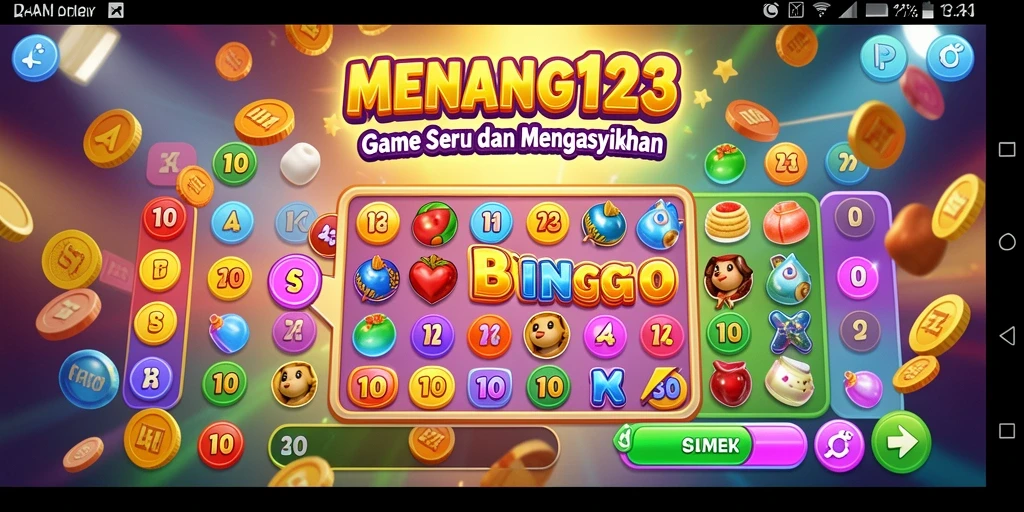Screenshot MENANG123 menampilkan gameplay Bingo yang seru dan penuh warna.