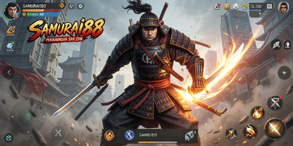 Menggambarkan aksi seru gameplay samurai dalam pertempuran.