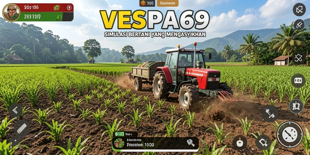 Tampilan gameplay VESPA69 dengan ladang hijau subur dan aktivitas pertanian.